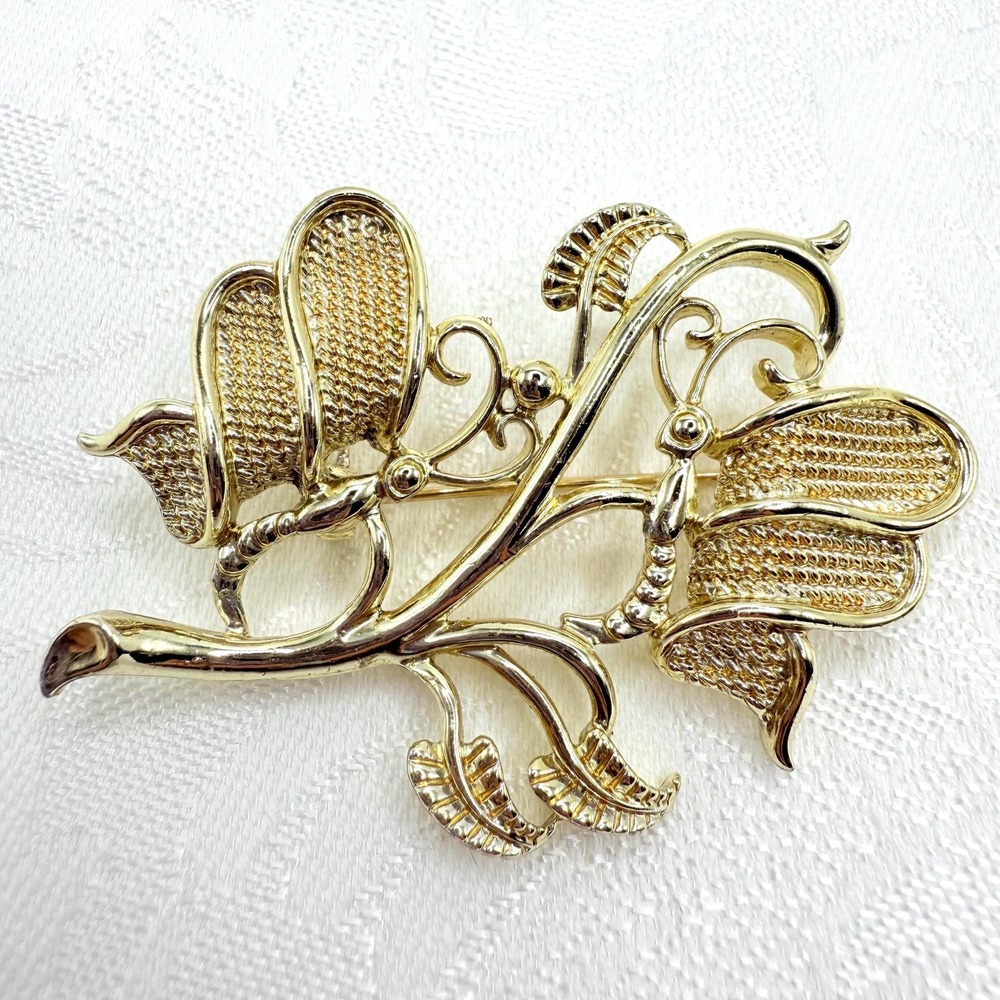 Vintage Elegant Signed Marvella Gold Tone Flying Insects on Branch Brooch